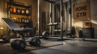 Équipement home gym pour musculation : banc, power rack et haltères