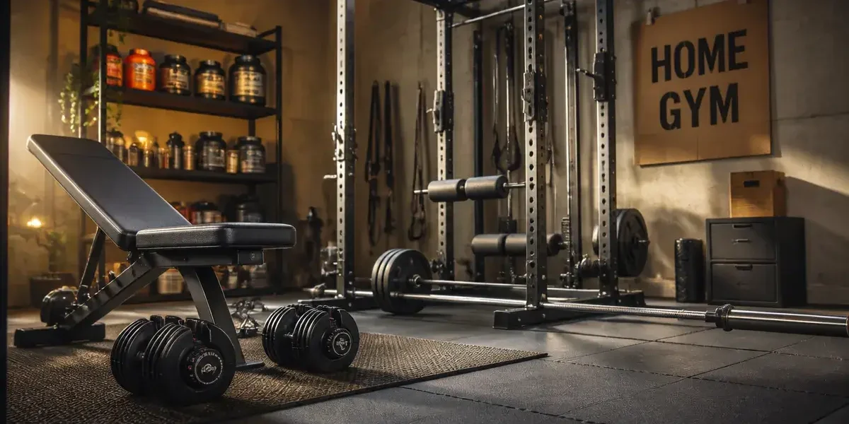 Équipement home gym pour musculation : banc, power rack et haltères