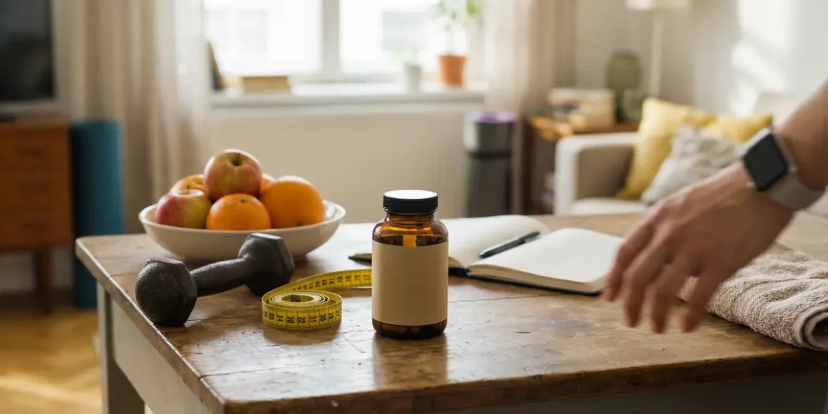 flacon Fitsmart Fat Burner avec haltère, fruits et carnet