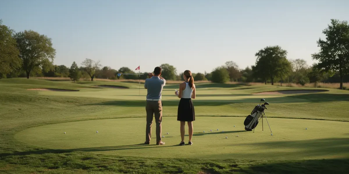 Deux joueurs equipe greensome sur fairway, ambiance strategie et inclusion