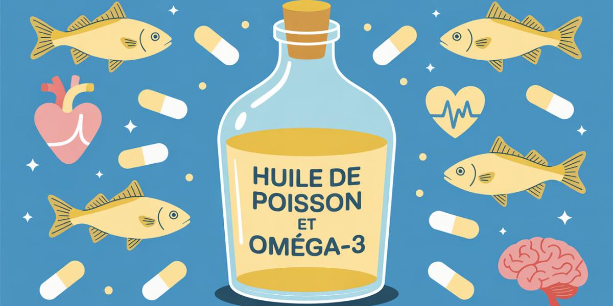 flacon huile de poisson bienfaits entouré poissons et symboles santé