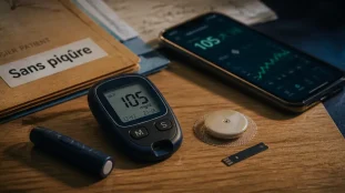 Lecteur de glycémie sans piqure : capteur CGM et téléphone