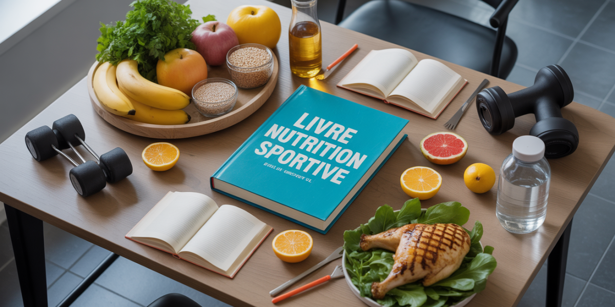Livre sur la nutrition sportive avec aliments et accessoires sport