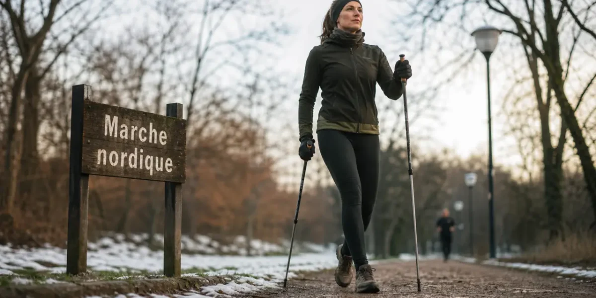 Femme en marche nordique pour la methode d entrainement nordique perte de poids, 3 sorties par semaine