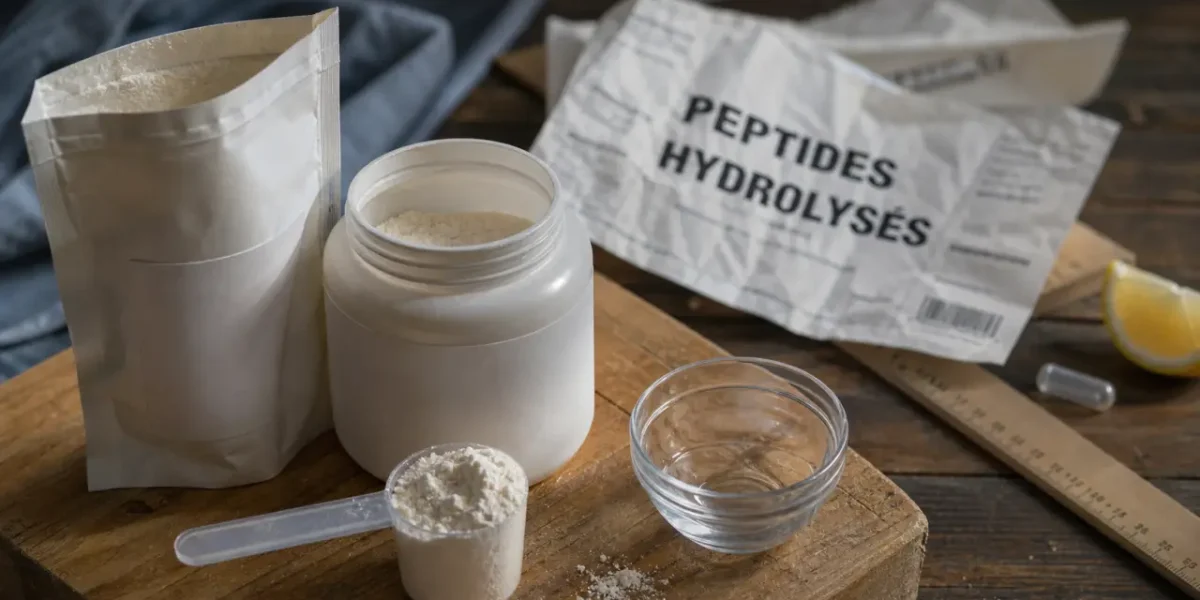 Meilleur collagene marin : peptides hydrolysés, poudre dans un pot et un sachet
