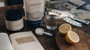 Meilleur collagene marin : pot de collagène marin hydrolysé, verre d’eau et citron