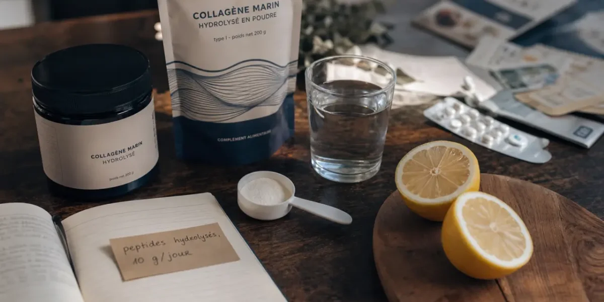 Meilleur collagene marin : pot de collagène marin hydrolysé, verre d’eau et citron