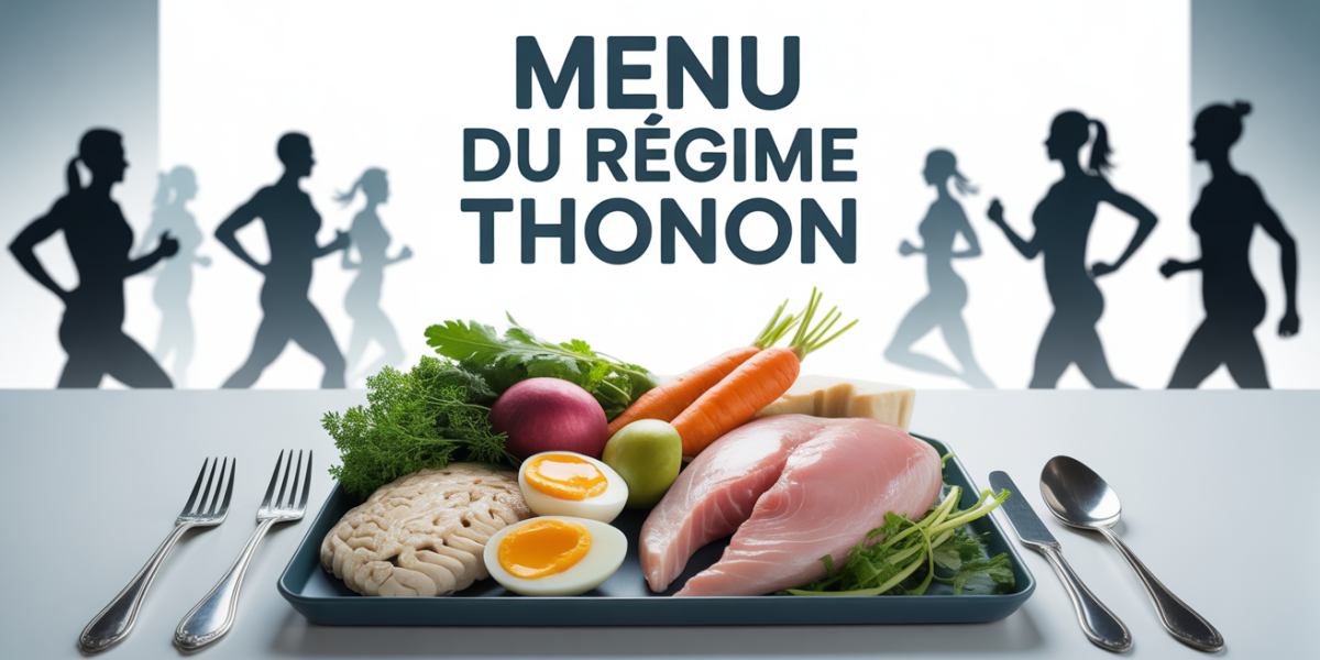 Menu du regime Thonon avec aliments proteines maigres assiette et silhouettes sport