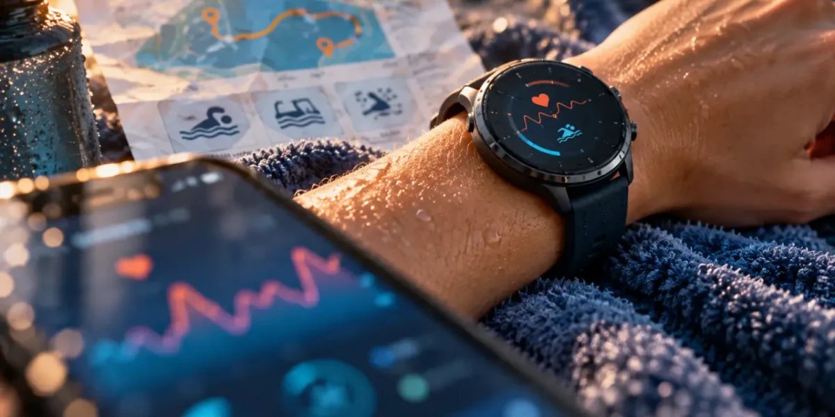 Montre sport femme connectée GPS et natation, écran cardio sur poignet