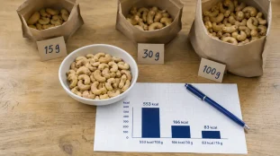 Noix de cajou calories : repères 15 g, 30 g et 100 g (553 kcal/100 g)
