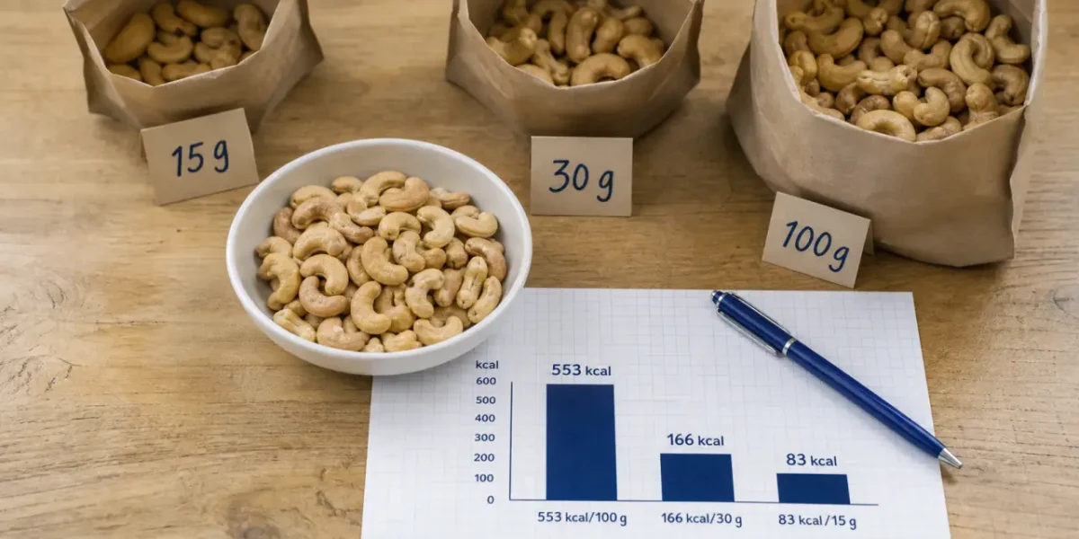 Noix de cajou calories : repères 15 g, 30 g et 100 g (553 kcal/100 g)