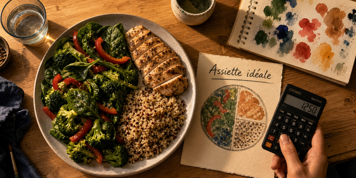 Nutrition perdre du poids : assiette idéale équilibrée, légumes, protéines et glucides complets