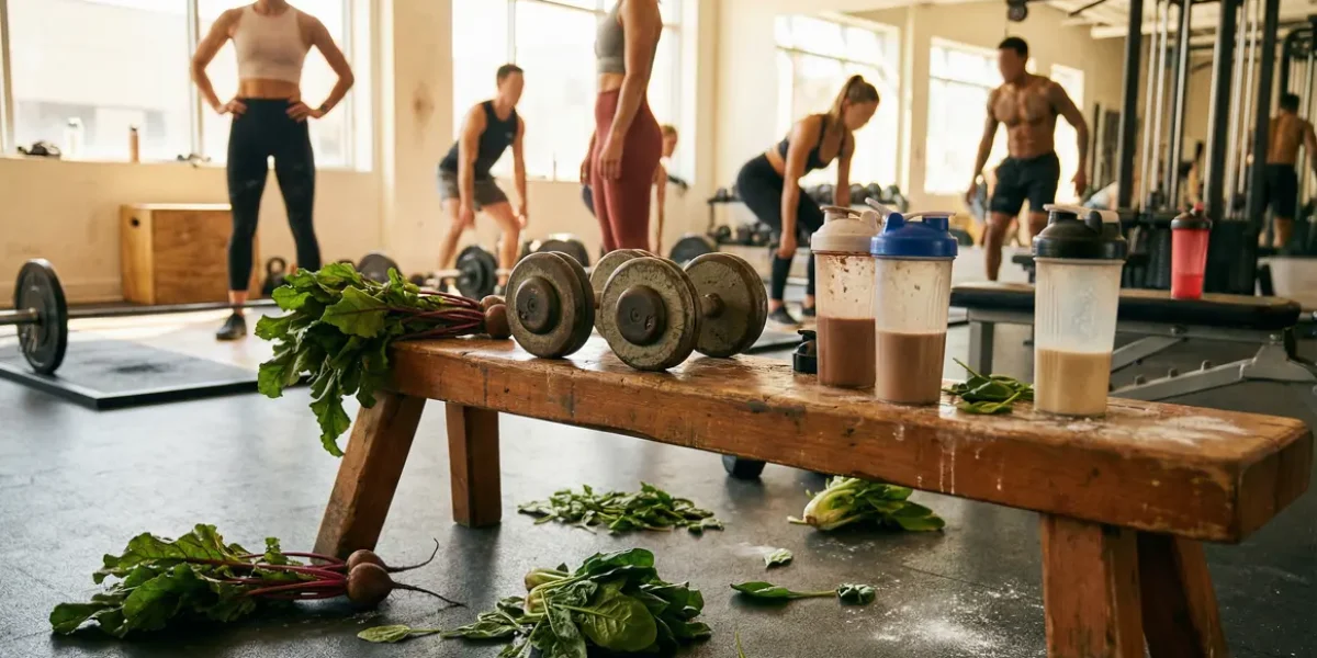 Salle de sport oxyde nitrique pre workout avec haltères et légumes