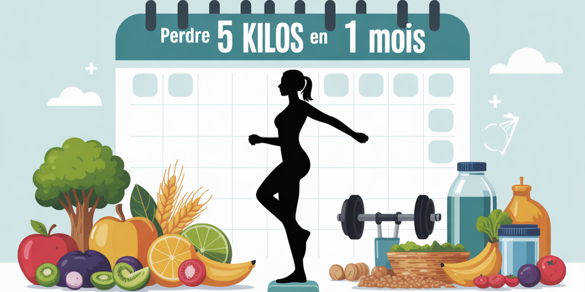 Illustration perdre 5 kilos en 1 mois, aliments sains, sport, balance