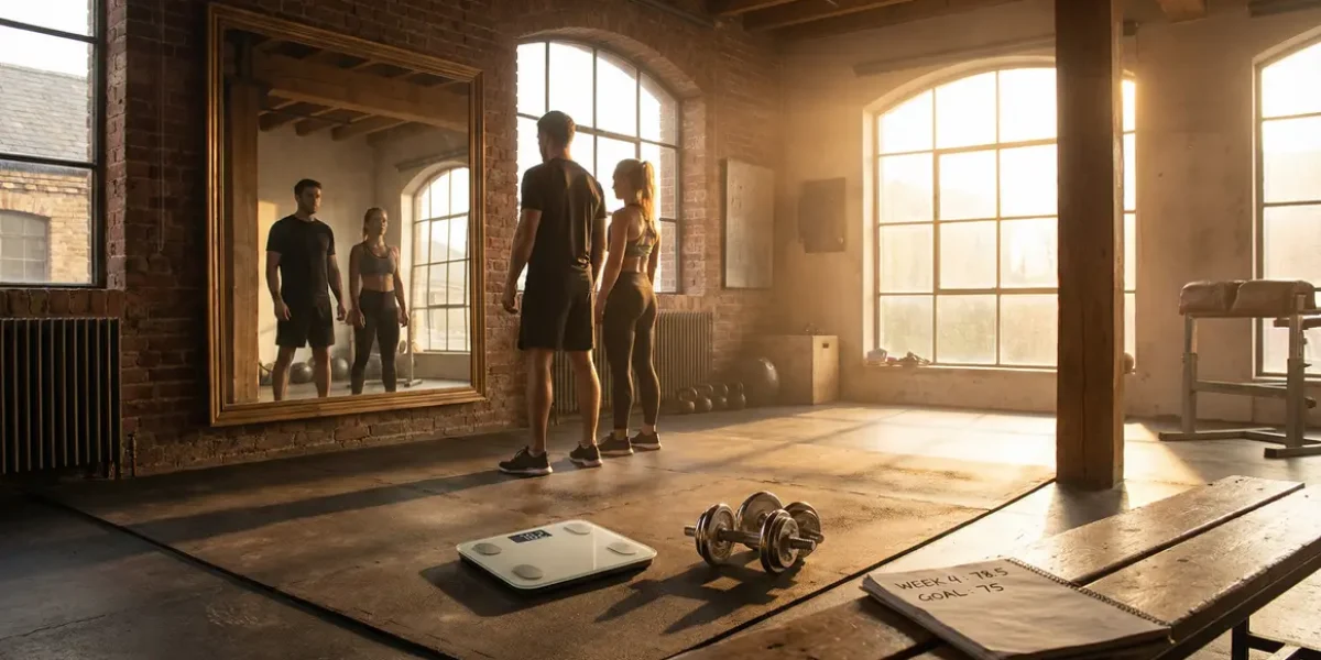 Homme et femme motivés regardent une balance en salle de sport moderne