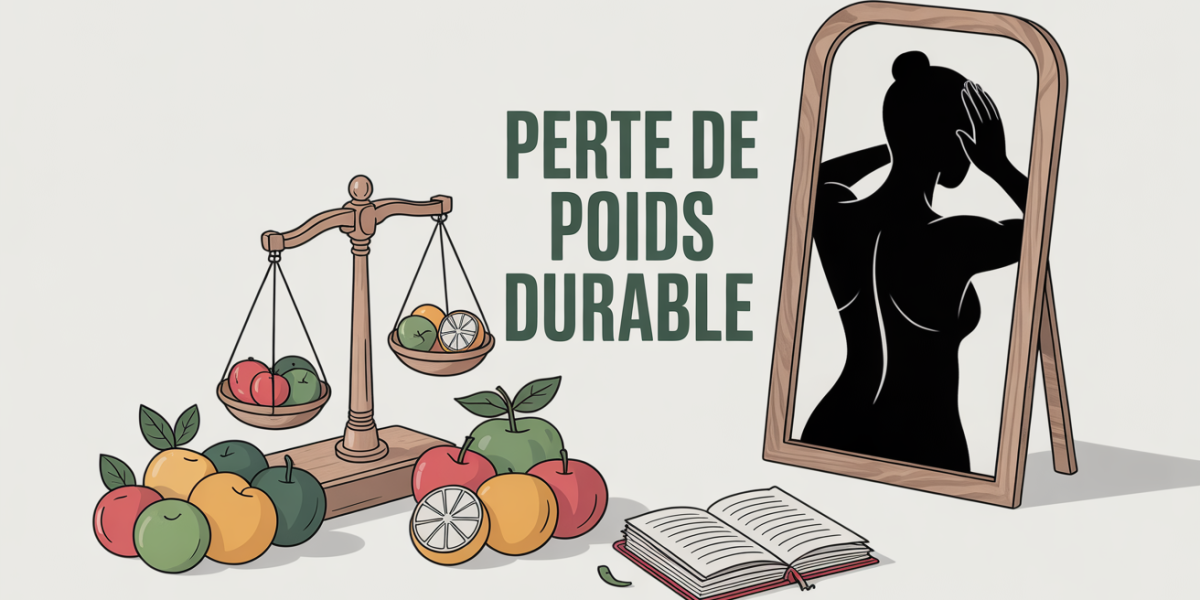 Balance fruits haltères carnet silhouette perte de poids durable