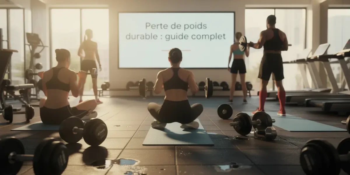 Salle de sport, personnes s'entraînant, affichage perte de poids durable