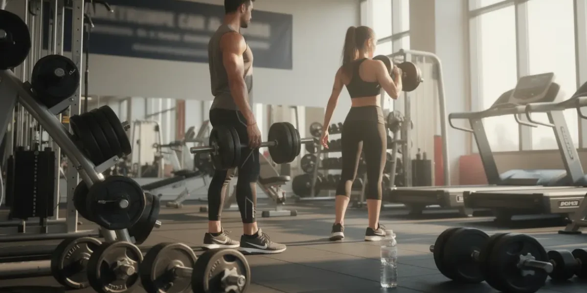 Deux sportifs musculation salle pancarte perte de poids efficace