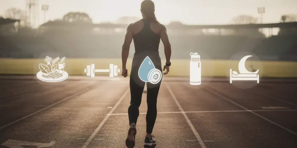 Sportif de dos sur piste avec icônes alimentation saine musculation hydratation sommeil