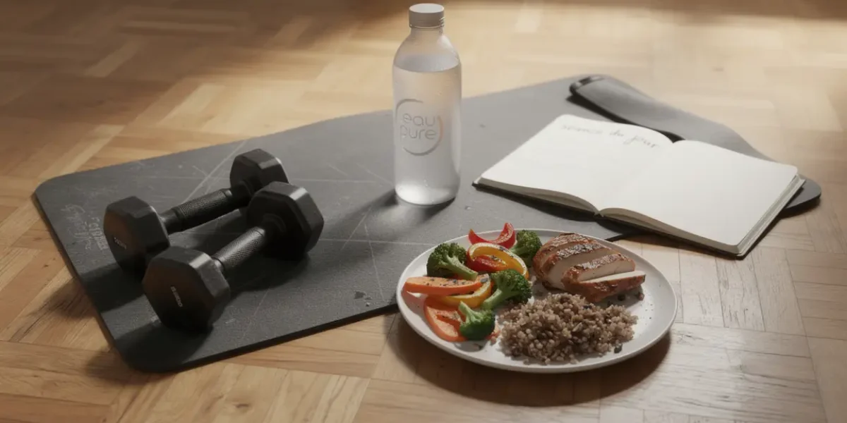 Photo tapis musculation haltères assiette équilibrée gourde carnet perte de poids