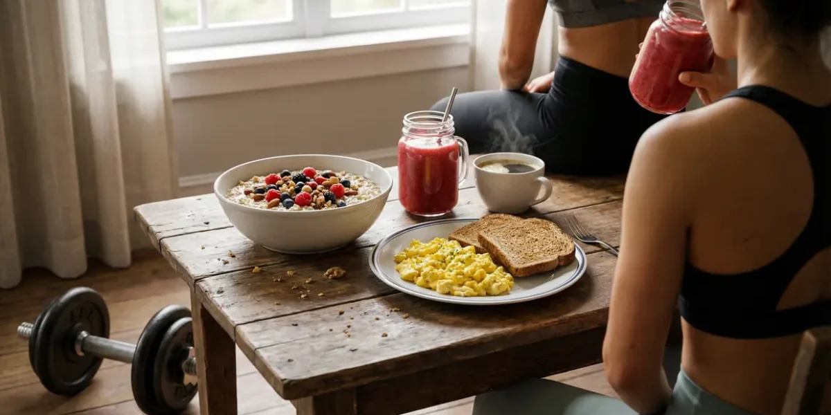Petit-déjeuner musculation complet bol d'avoine œufs pain complet fruits smoothie