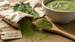 Poudre de moringa bienfait : poudre verte en cuillère et sachet