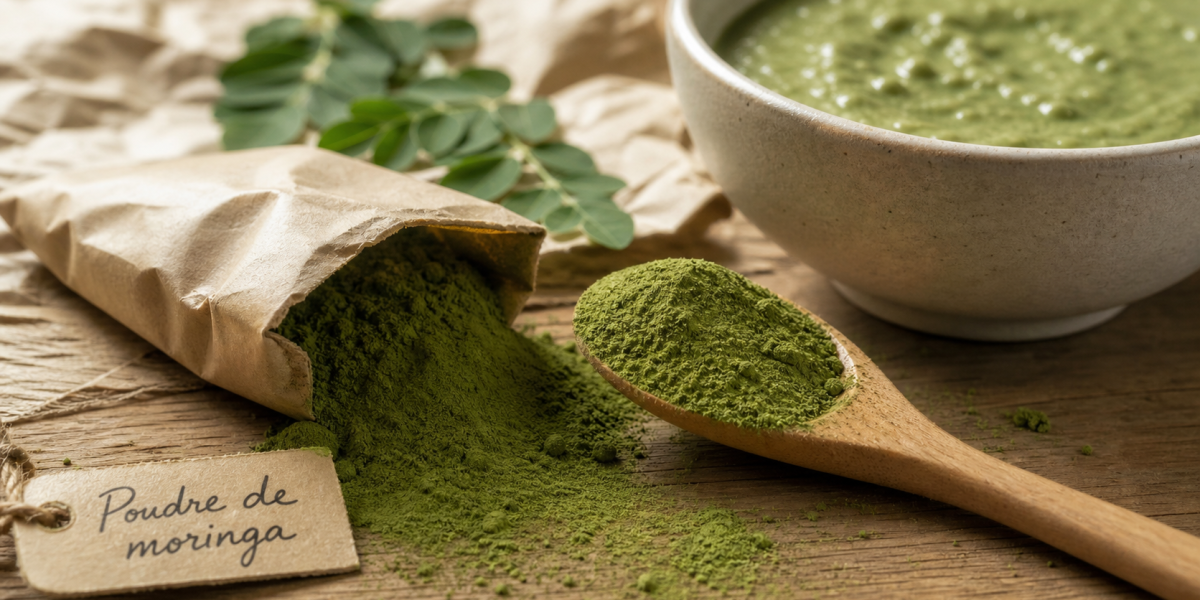 Poudre de moringa bienfait : poudre verte en cuillère et sachet