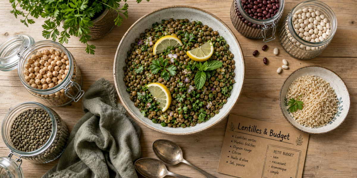 Pourquoi manger des légumineuses : salade de lentilles et légumineuses sur table