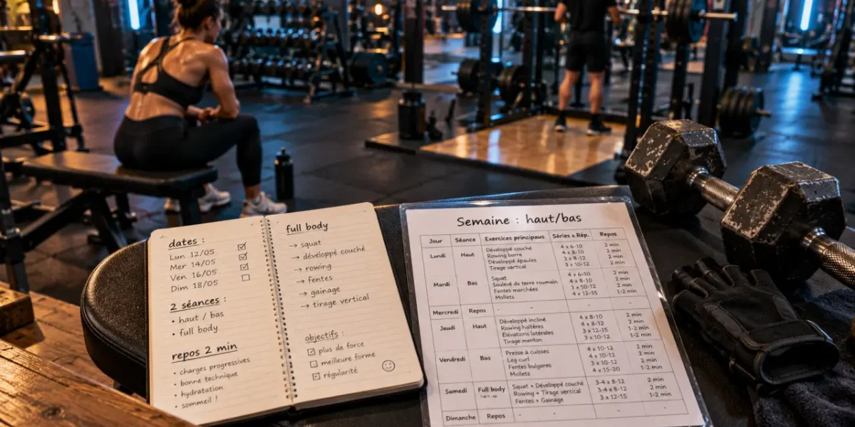 Programme musculation salle : séances 2, 3 ou 4 jours, carnet et haltères