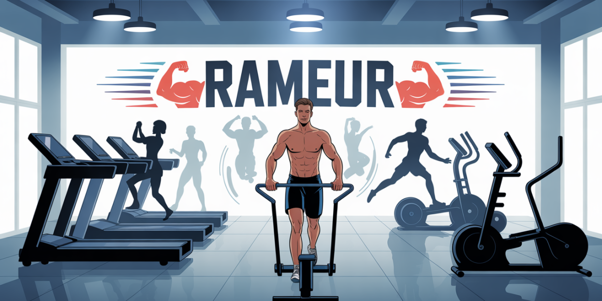 vue rameur salle sport silhouettes muscles cardio