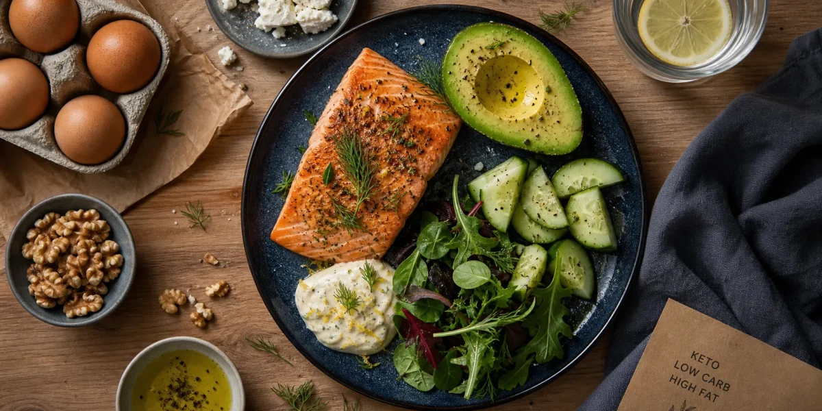 Recette keto saumon, avocat et sauce citron sur assiette