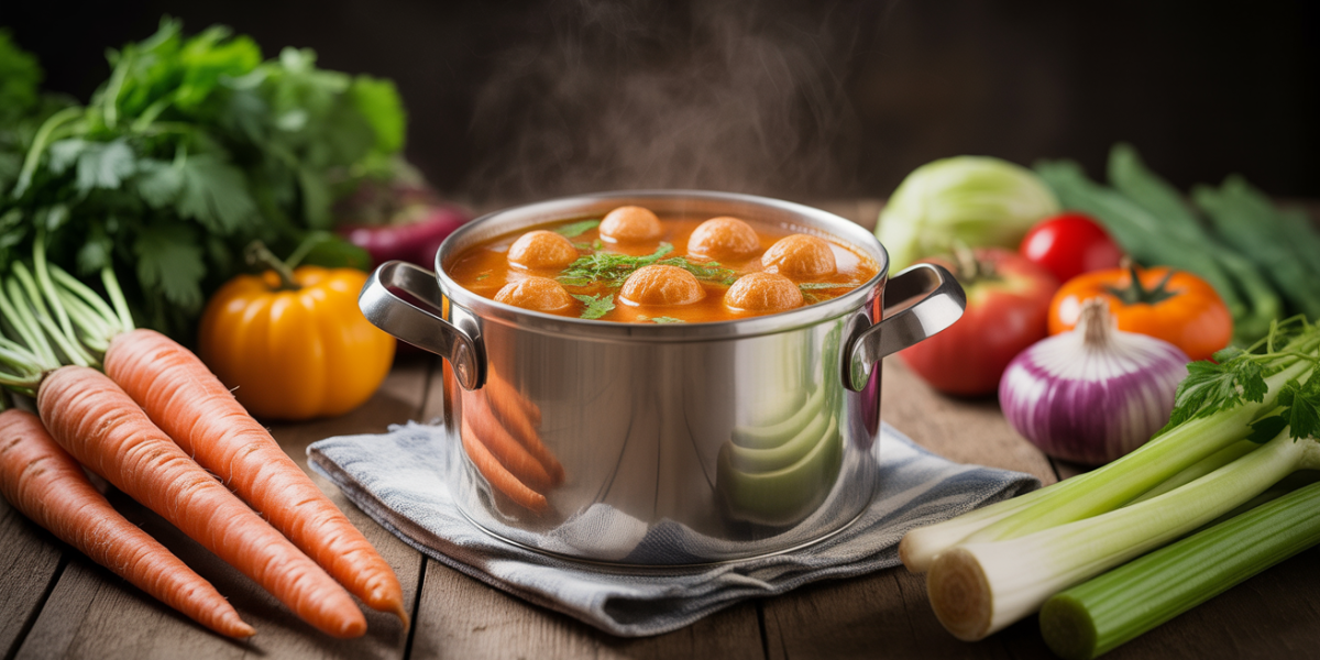 Grande marmite de soupe aux choux, legumes frais, vapeur, ambiance nutritive