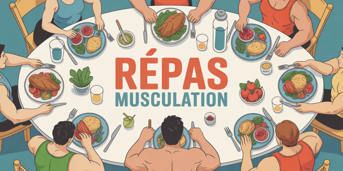 Illustration repas musculation table personnes plats sains haltere