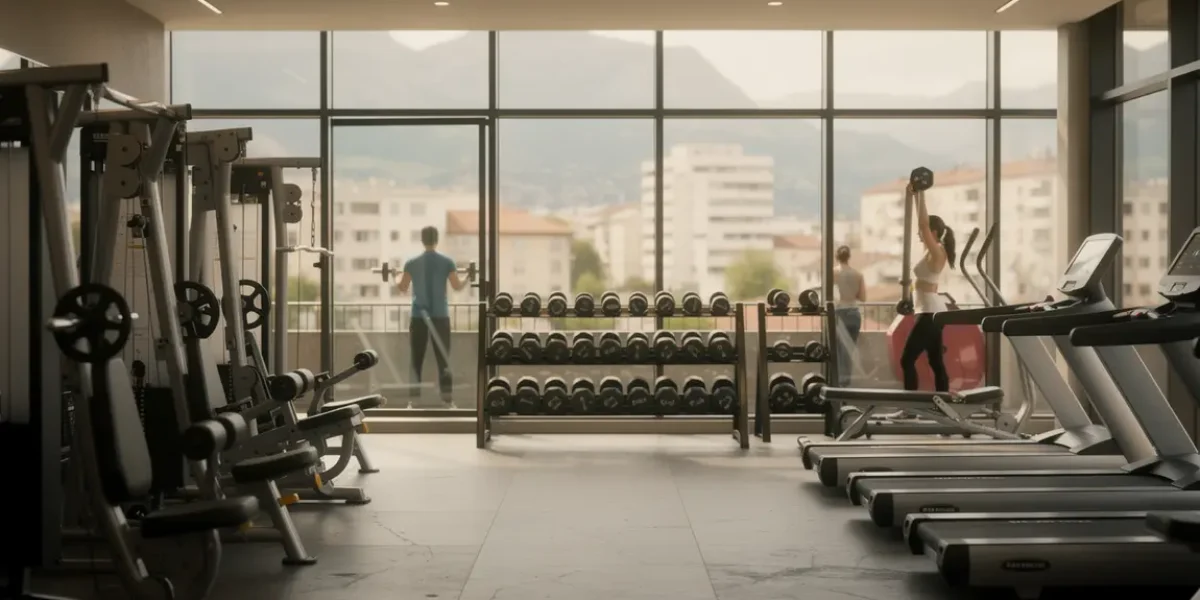 Salle de sport Grenoble moderne avec équipements et grande baie vitrée