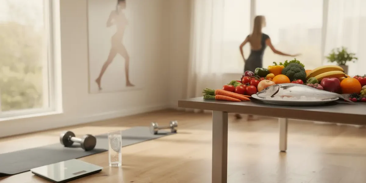 Aliments frais balances et salle de sport pour perdre du poids