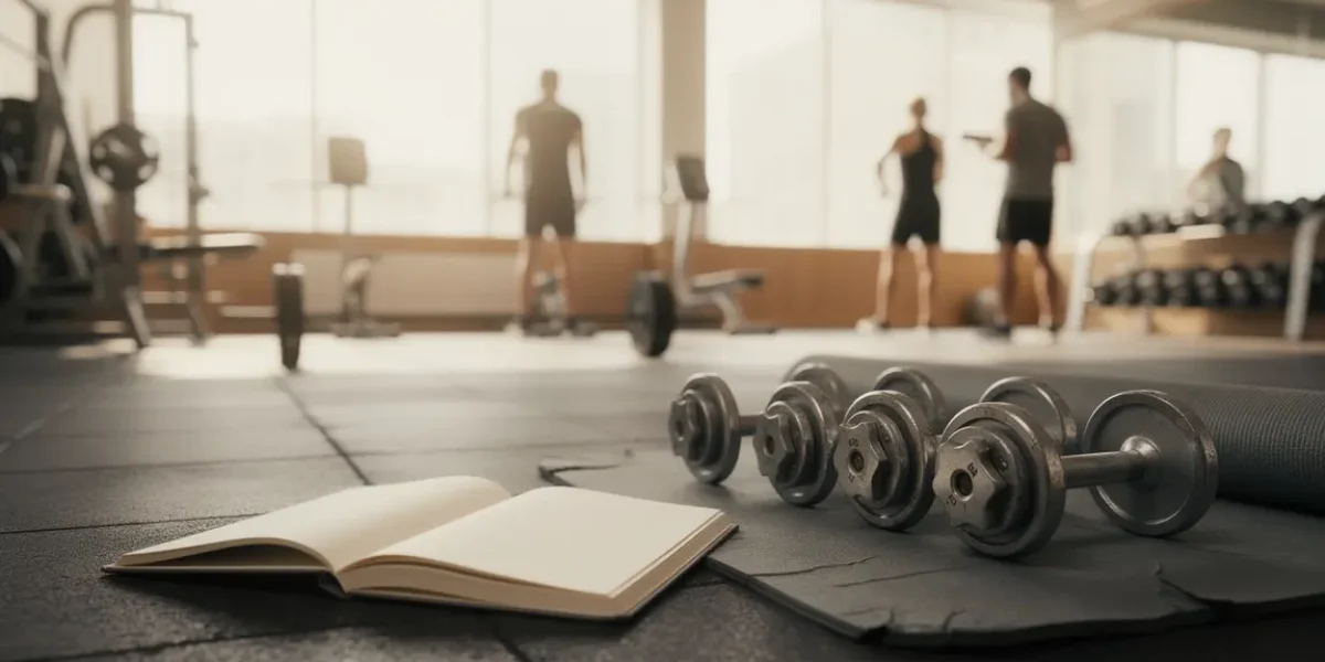 Salle de musculation dynamique, haltères, carnet de suivi