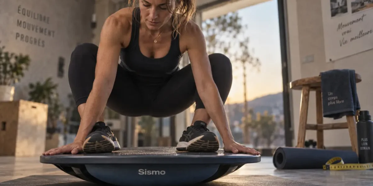 Sismo fitness avant apres : femme en squat sur plateforme oscillante