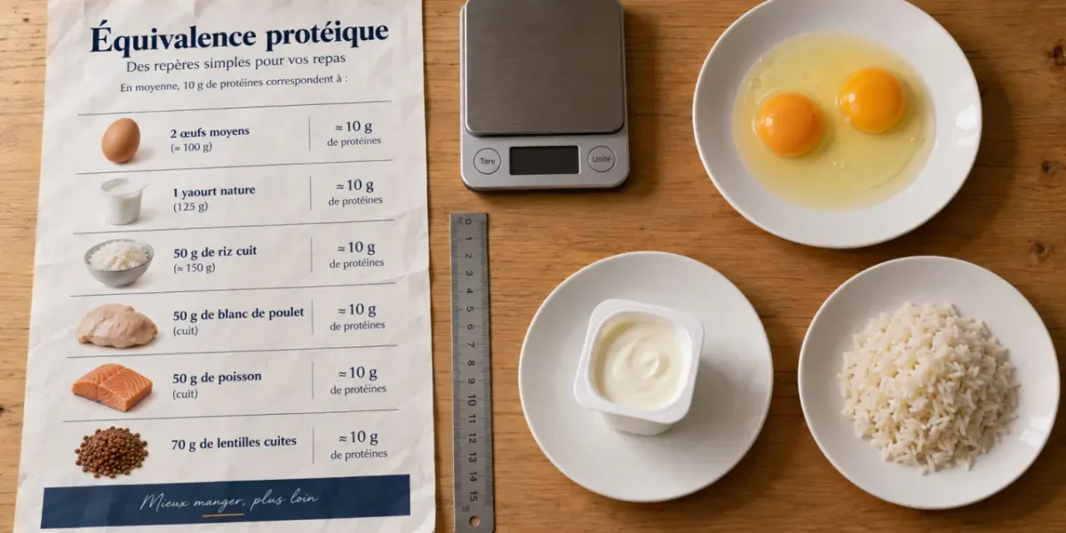 Tableau équivalence protéine : 100 g viande, 2 œufs et options végétales