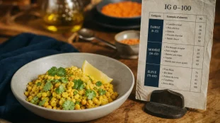 Tableau IG PDF sur fiche près d’une salade de lentilles corail