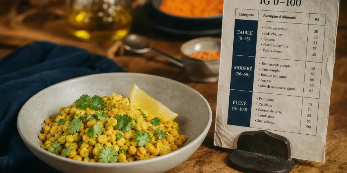 Tableau IG PDF sur fiche près d’une salade de lentilles corail