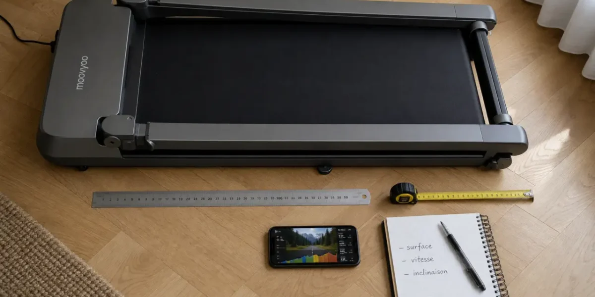 Tapis de course moovyoo plié, mesure surface, smartphone entraînement