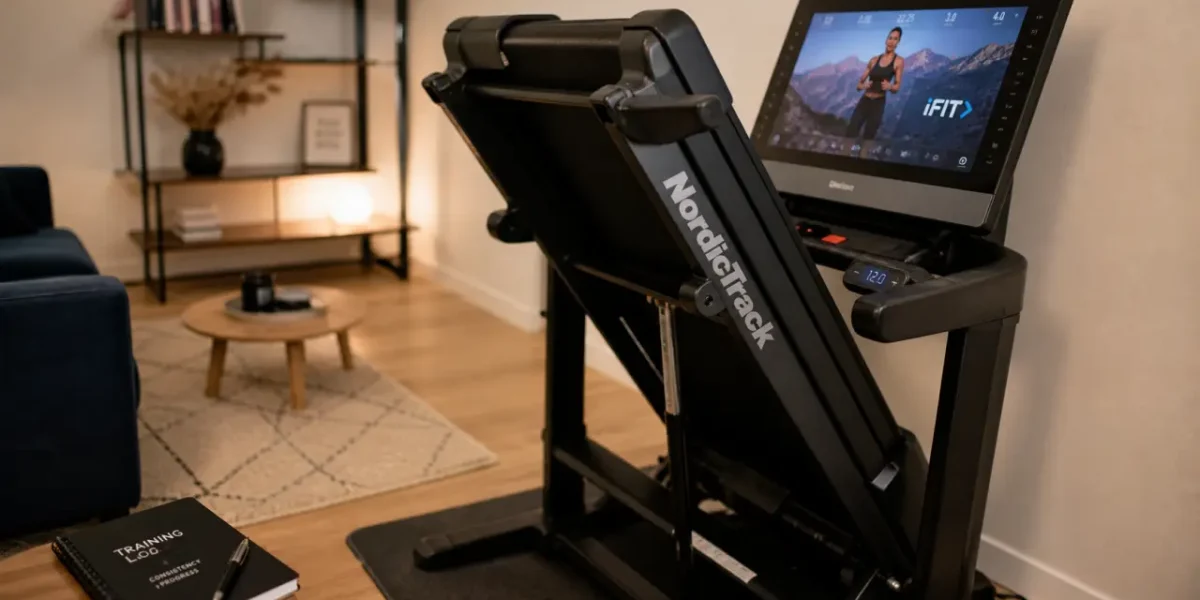 Tapis de course nordictrack compact plié, inclinaison visible, séance iFIT