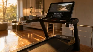 Tapis de course technogym MyRun à la maison, écran allumé