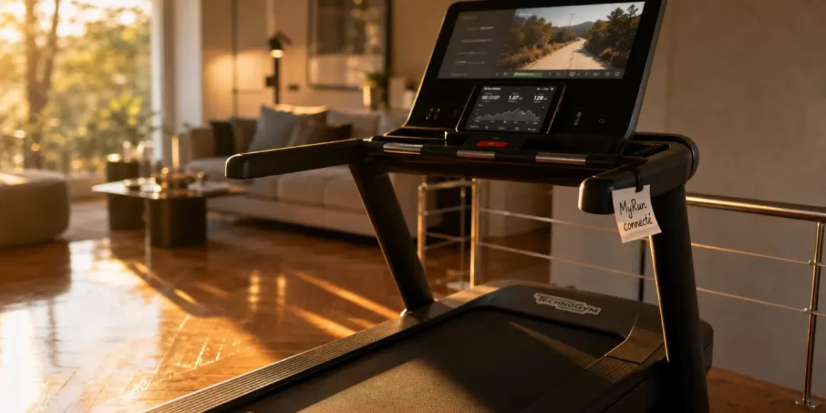 Tapis de course technogym MyRun à la maison, écran allumé