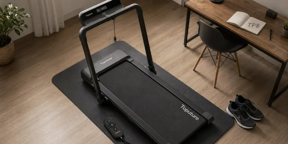 Tapis de course Toputure compact en appartement, déplié sur sol stratifié