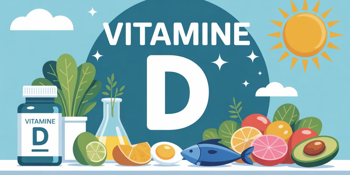 Illustration Vitamine D, table aliments riches en lipides et soleil